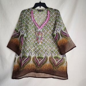Embellished V-Neck Printed Tunic in Green, Pink & Brown